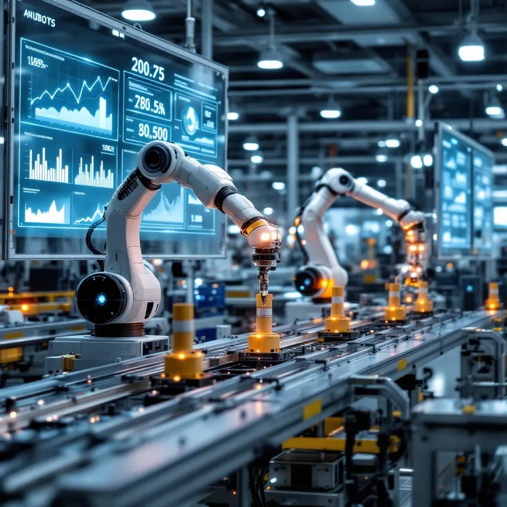 Üretim tesisinde otomatik süreç kontrolü yapan robotik sistemler ve veri monitörleri
